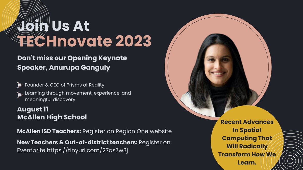 Get ready to laugh, learn, and geek out at #TECHnovate23 - the best Back To School ed tech conference for educators in the RGV! 🎉 Join us on August 11th as <a href="/aganguly26/">Anurupa Ganguly</a> kicks off our tech-tastic day! <a href="/annvega/">annvega</a> <a href="/jamesvarlack/">James Varlack 👨🏾‍💻🔜2025 🏫 YR</a> <a href="/gosand2/">Go Sandoval</a>