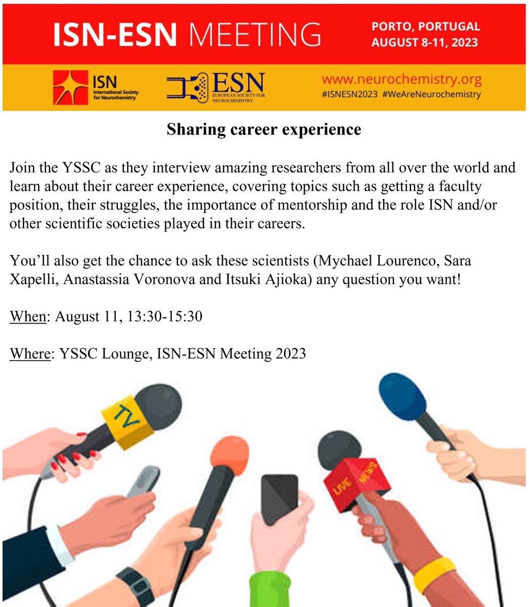 Join the YSSC for an interview with <a href="/mvlourenco/">Mychael Lourenco</a>, <a href="/AMVoronova/">Dr. Anastassia Voronova</a>, <a href="/SaraXapelli/">SaraXapelli</a> and Itsuki Ajioka! Learn about their career experiences and get a chance to ask them your own questions!

When: August 11, 1:30pm-3:30pm 

Where: At #ISNESN2023 in the YSSC Lounge

#WeAreNeurochemistry
