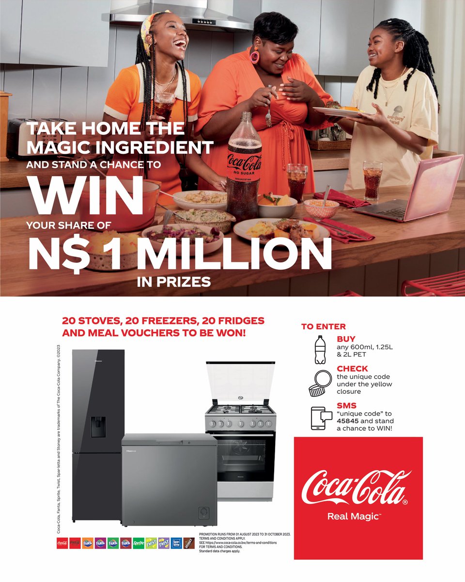 Zee_Bee_Yemwene's tweet photo. "Unlock the Magic Ingredient with Coca-Cola Namibia and stand a chance to win your share of N$1 million in prizes! 🎉 🏆 Buy any 600ml, 1.25ml, or 2l PET, check the unique code under the yellow closure, and SMS it to 45845 for your chance to WIN! 💥

(1/2) https://t.co/Pz6JemoMPy