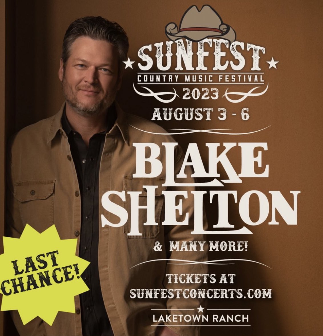 DBlakeSShelton's tweet photo. See y'all this Sunday at @sunfestcountry Music
Festival! Grab your tickets now! -Team BS https://t.co/LeJtBJQDec