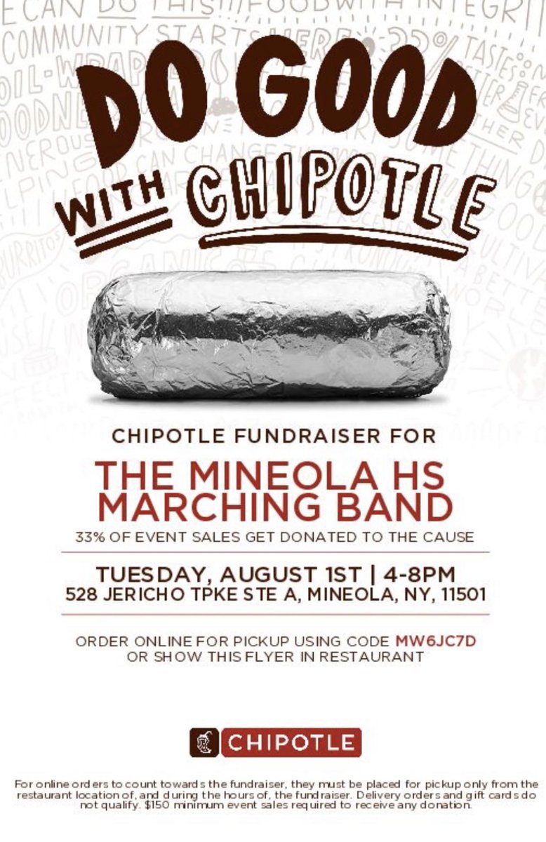 Come on down to Chipotle today to support the #MineolaMarchingBand! From 4pm-8pm at the Mineola location, mention the fundraiser and help raise funds for our band! #MineolaProud