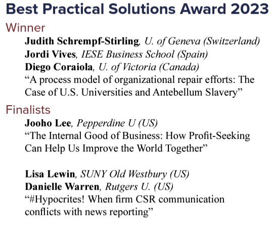 We are flattered by this award. I couldn't think of a better way to warm up for the @sbeonline Annual Conference in Boston this week. Kudos to my co-authors @dcoraiola and @JudithSStirling. Working with them is a pleasure and a terrific learning experience.