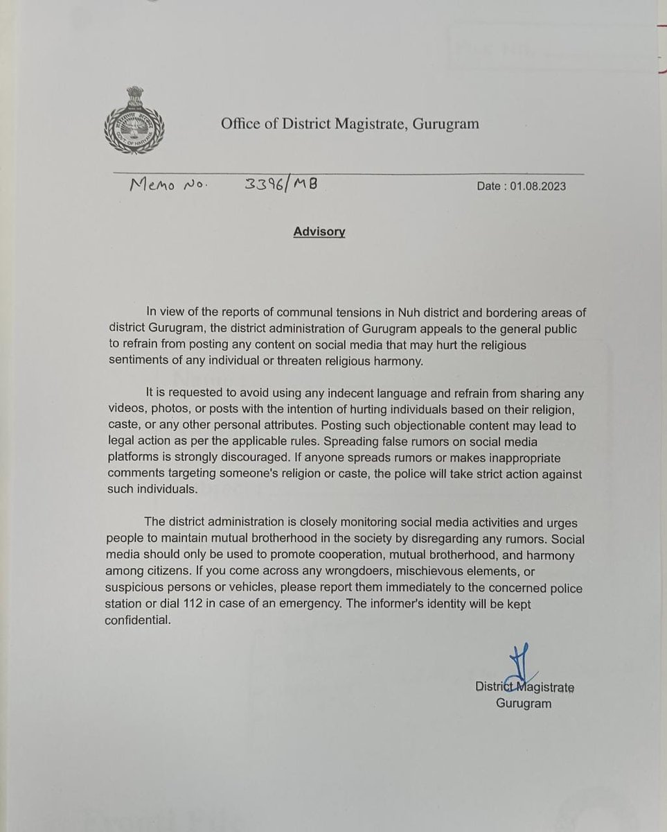 To prevent communal tensions in Nuh District &amp; nearby areas, Gurugram District Administration urges everyone to refrain from posting content on social media that could hurt religious sentiments or threaten harmony. 
 
📞 Dial 112 for emergencies.