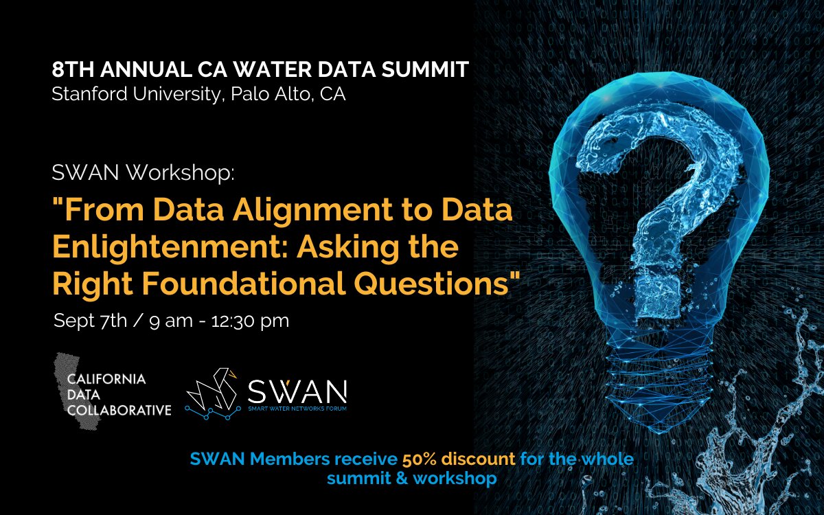SWAN_forum's tweet photo. Join the CA Water Data Summit at the SWAN Workshop “From Data Alignment to Data Enlightenment: Asking the Right Foundational Questions”. SWAN Members get 50% off for the summit, including workshops 😉  https://t.co/Zow7ScO18w #CAWaterDataSummit #IntelligentQuestioning @cadc_io https://t.co/37kDzAoK8d