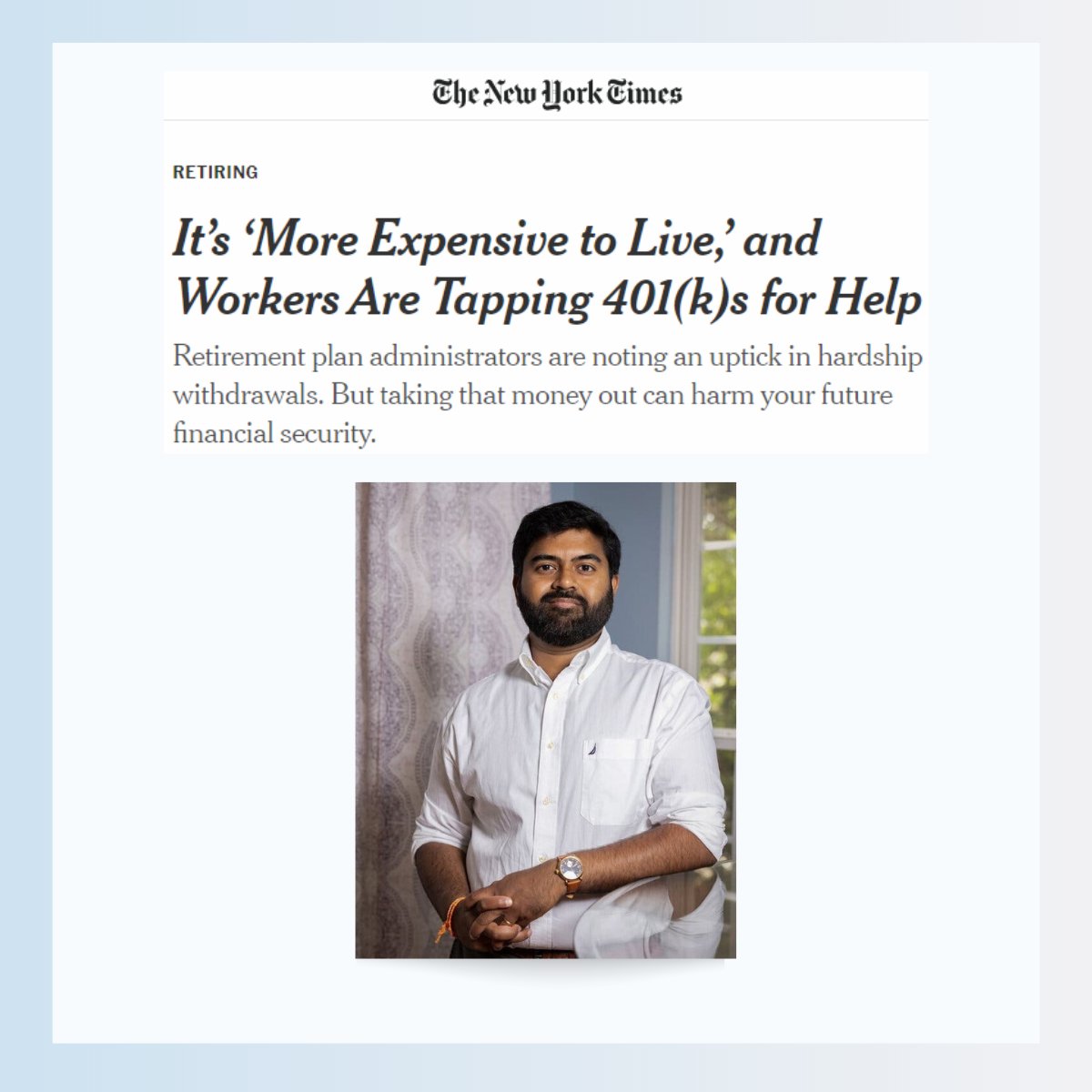 Financial emergencies happen. But we shouldn't have to sacrifice our retirement savings in the process

Read this <a href="/nytimes/">The New York Times</a> piece on the future of your financial security.

#thankyou for letting our Founder and CEO, Sid, share his story! 

nyti.ms/3qixlwb
Image Tom Sandner