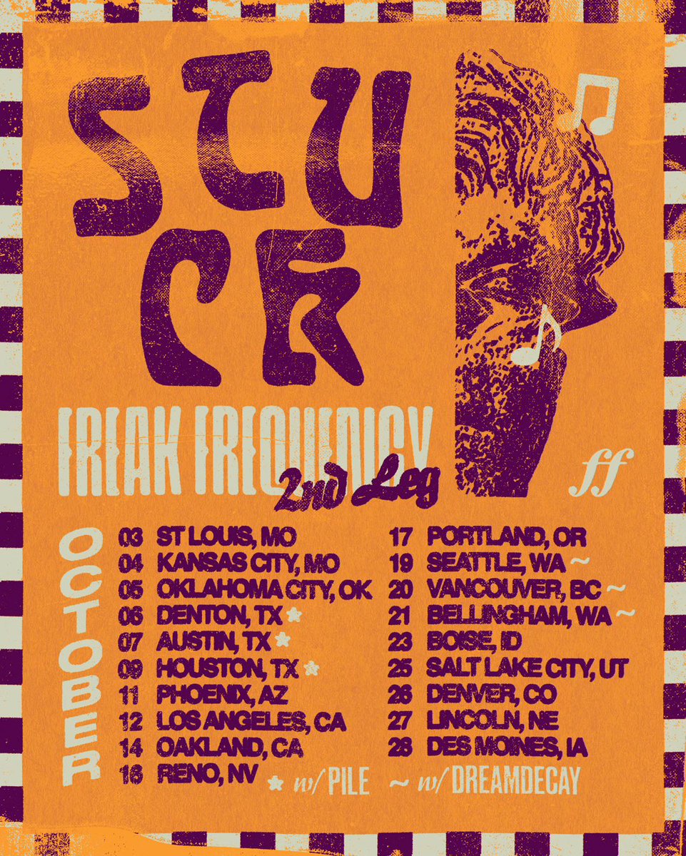 stuckchi's tweet photo. WE’RE COMING BACK TO THE WEST COAST THIS OCTOBER! Select dates with friends @pilemusic and @Dreamdecay_! Got some other absolute HEATERS on the other shows too, lemme tell ya. Tickets on sale at 10 AM CST tomorrow, link where ya think. https://t.co/MAjvuKfFOH