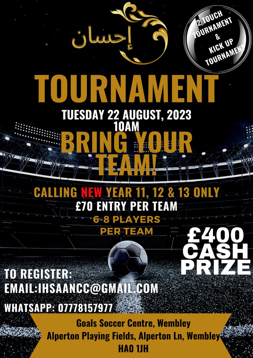 ihsaaancic's tweet photo. To celebrate the launch of Ihsaan Community Club we will be holding a football tournament exclusively for the new year 11,12 and 13s on Tuesday the 22nd of August. We hope for it to be an amazing event to bring the young community together to showcase their talent, teamwork and https://t.co/lhGnBjTUrZ