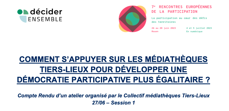 AssoTiersLieux's tweet photo. Comment s’appuyer sur les médiathèques #tierslieux pour développer une démocratie participative plus égalitaire ? 
Retrouvez la synthèse de l'atelier de notre GT médiathèques Tiers-Lieux lors des 7e rencontres 🇪🇺de la participation @deciderensemble ⤵️
https://t.co/yBpbW9aOqQ https://t.co/meVWsBbcav