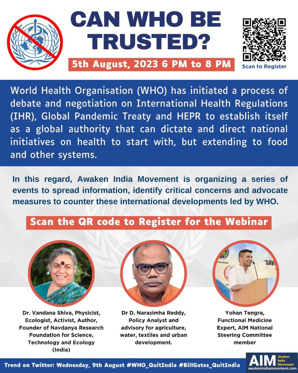 awakenindiamvmt's tweet photo. Can WHO be trusted?
5th August, 2023
6 PM to 8 PM

Register here:
https://t.co/7RQs1cU20T

#BillGates_QuitIndia #WHO_QuitIndia
@drvandanashiva @ytengra https://t.co/lJdDYaIhQx
