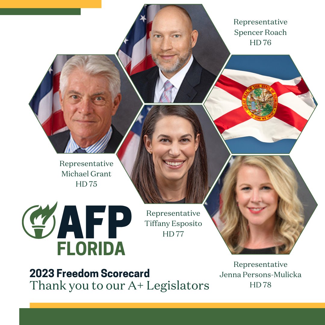 Thank you, Florida State Representatives @RepMikeGrant, @SpencerRoachFL, Tiffany Esposito, and @jenna_persons for being A+ champions during the 2023 Legislative Session! They are strong advocates for freedom in Florida. #FlaPol #2023session #afpfl #floridascorecard