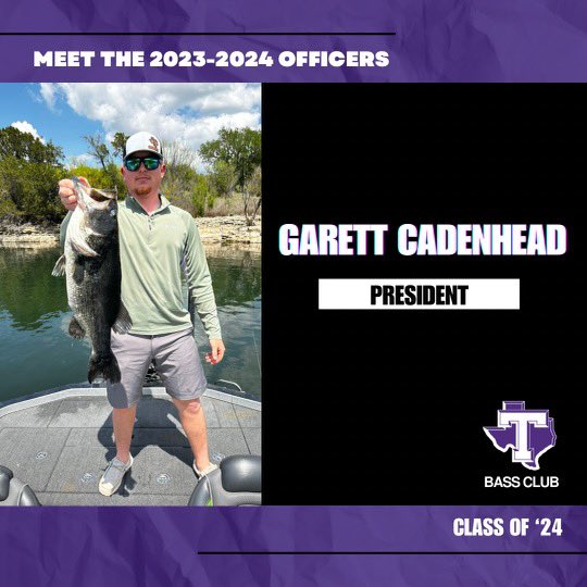 TSUBassClub's tweet photo. With the start of a new season just around the corner, we want to introduce and recognize our 2023-2024 Tarleton Bass Club officers!

Meet our President, Garett Cadenhead! Garett is a class of ‘24 Wildlife Sustainability and Ecosystem Sciences major from Fort Worth, Texas. https://t.co/PJW9ja98ZU