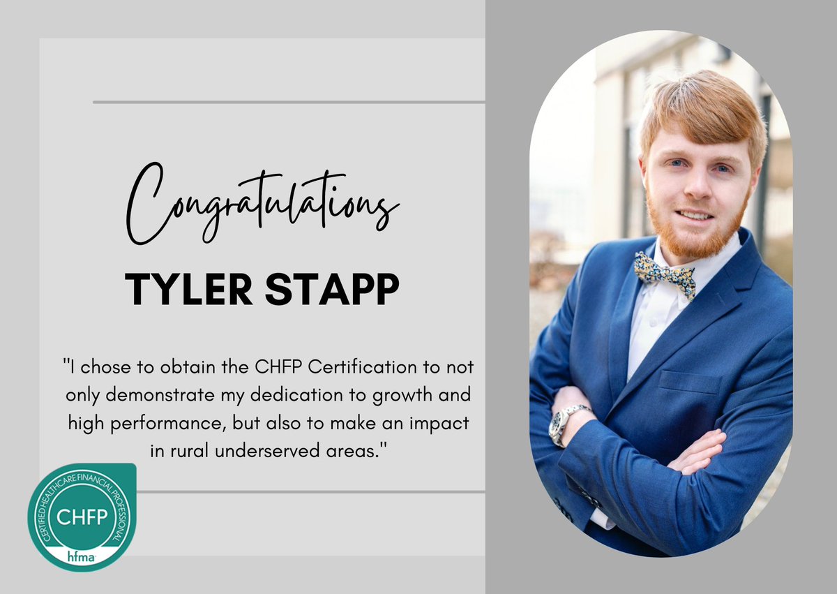 Way to go on your recent CHFP Certification, Tyler Stapp, MBA-HC, CHFP!!
Keep up the constant drive to grow, thrive and succeed!!

We're so happy that as a KY HFMA Member, you're taking advantage of the FREE Certification opportunities!