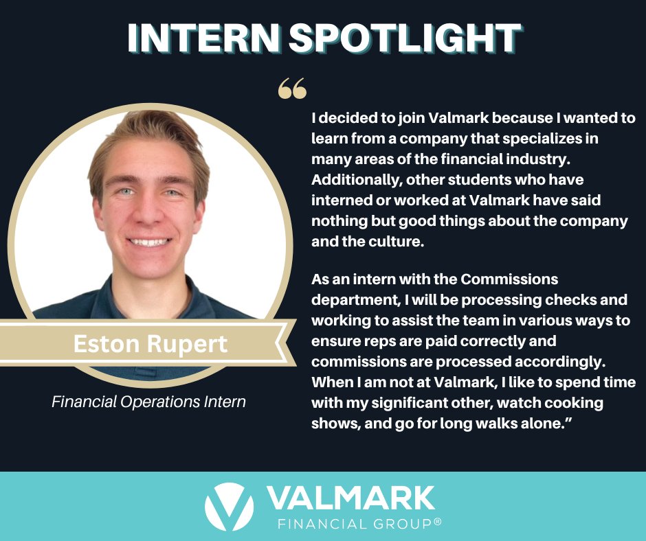ValmarkFG's tweet photo. Valmark welcomes Eston Rupert to our internship program! Eston will be working with our Commissions department on a variety of projects. He is currently pursuing a major in Accounting from the University of Akron. Welcome, Eston! https://t.co/XHxDSNA04R