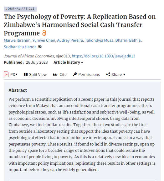 .@UNCPublicPolicy PhD students 🙌🏾 Zim's 🇿🇼 HSCT cash transfer ⬆️ savings, quality of life, intertemporal choice & psychological states @MarwaIbPhD Chen @audsnends7 @tkmusa @Dharinib & @ashudirect via @TransferProjct @Oxford_CSAE @UNICEFZIMBABWE academic.oup.com/jae/advance-ar…