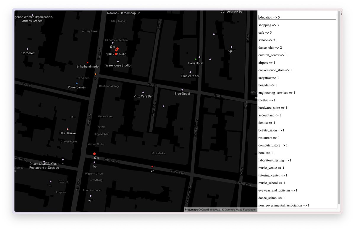 alekzvik's tweet photo. @bdon @OvertureMaps @maplibre @duckdb @felt @Maxxen_ @opencholmes I took your map and added a column on the side that displays place counts by category of what is rendered on every map move, available at https://t.co/oFuTRadiV1
If you click on the category, it will highlight rendered places. https://t.co/xT0sewWXFk