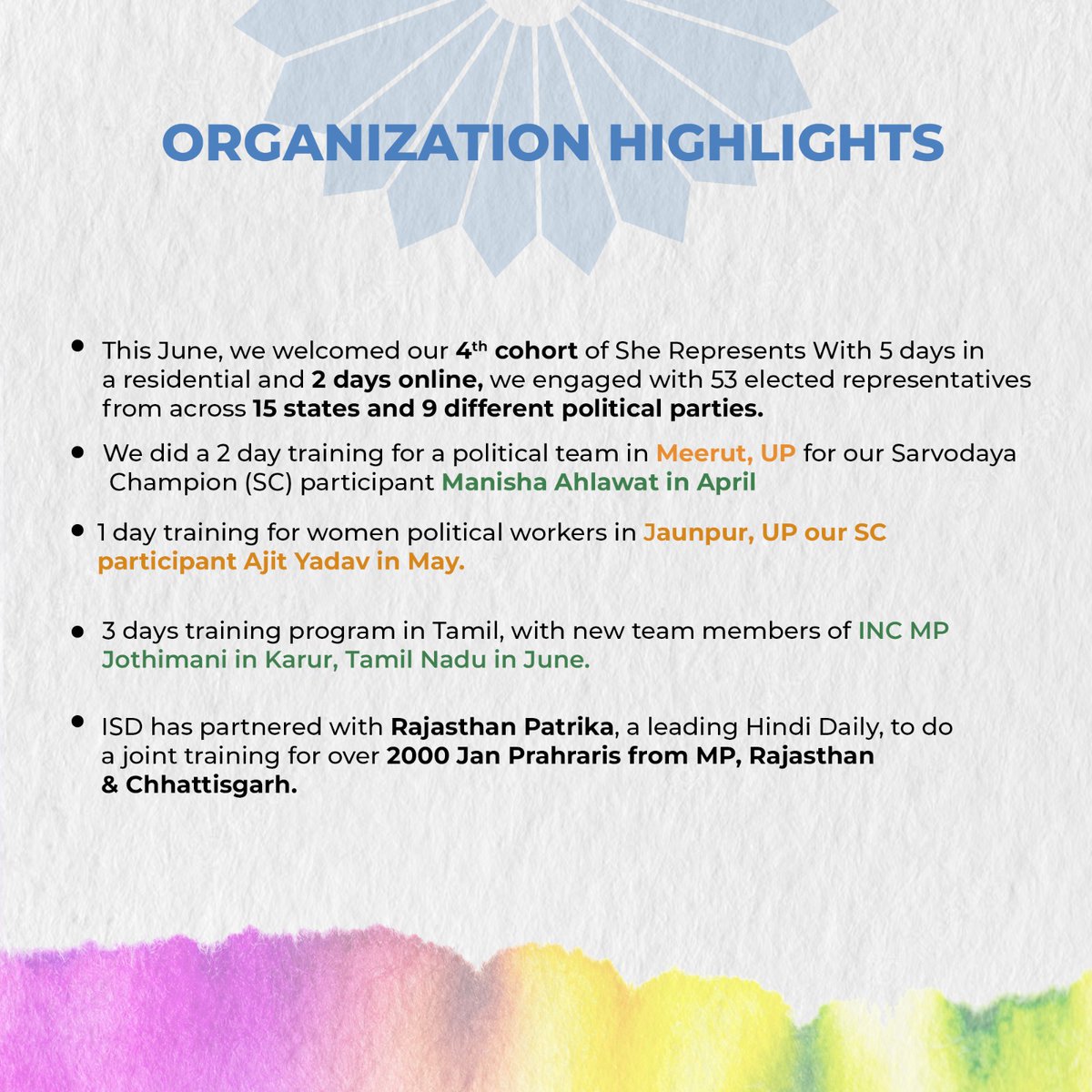 isd2047's tweet image. As August begins, we're thrilled to share the remarkable milestones of our journey! From April to June, we successfully completed our 4th cohort of #SheRepresents, empowering inspiring leaders! 
We conducted multiple training sessions with political leaders from all backgrounds!