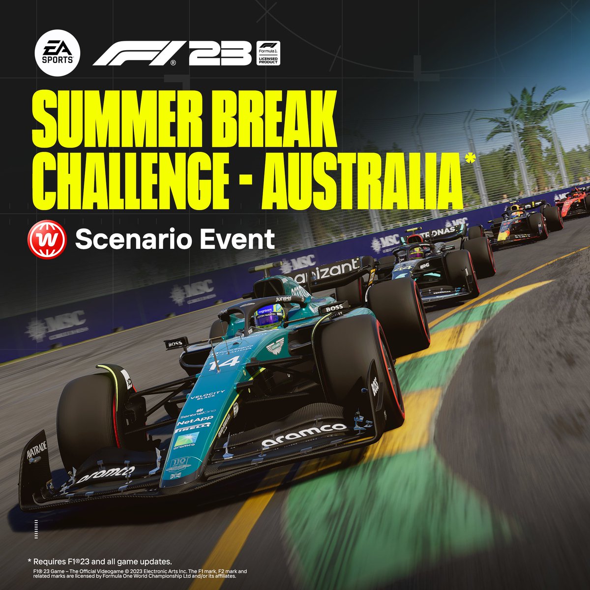 EASPORTSF1's tweet photo. Here to bust your summer break blues, #F123's latest F1® World Scenario event 🌍

🎯 In the closing stages of the #AustalianGP, can you lead Fernando Alonso to a podium? 🎯

▶ F1 World > Play > Solo &amp; Multiplayer > Scenario https://t.co/fcfVTTzB43