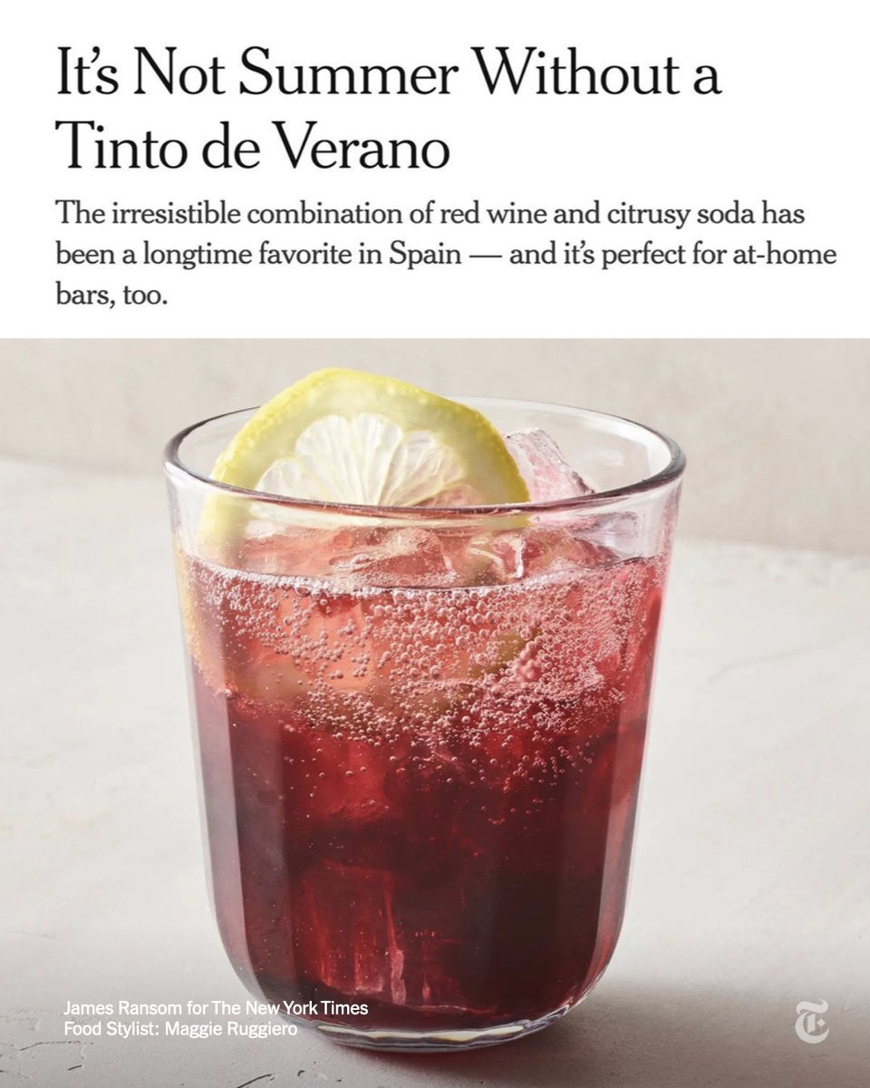 nytimes's tweet photo. If you’re convinced that red wine should be reserved for the colder months, consider the tinto de verano. It’s to summer in Spain what a chilled bottle of rosé is to l’été in Provence. https://t.co/7bBpOO72yC https://t.co/kXAxwLKpF3
