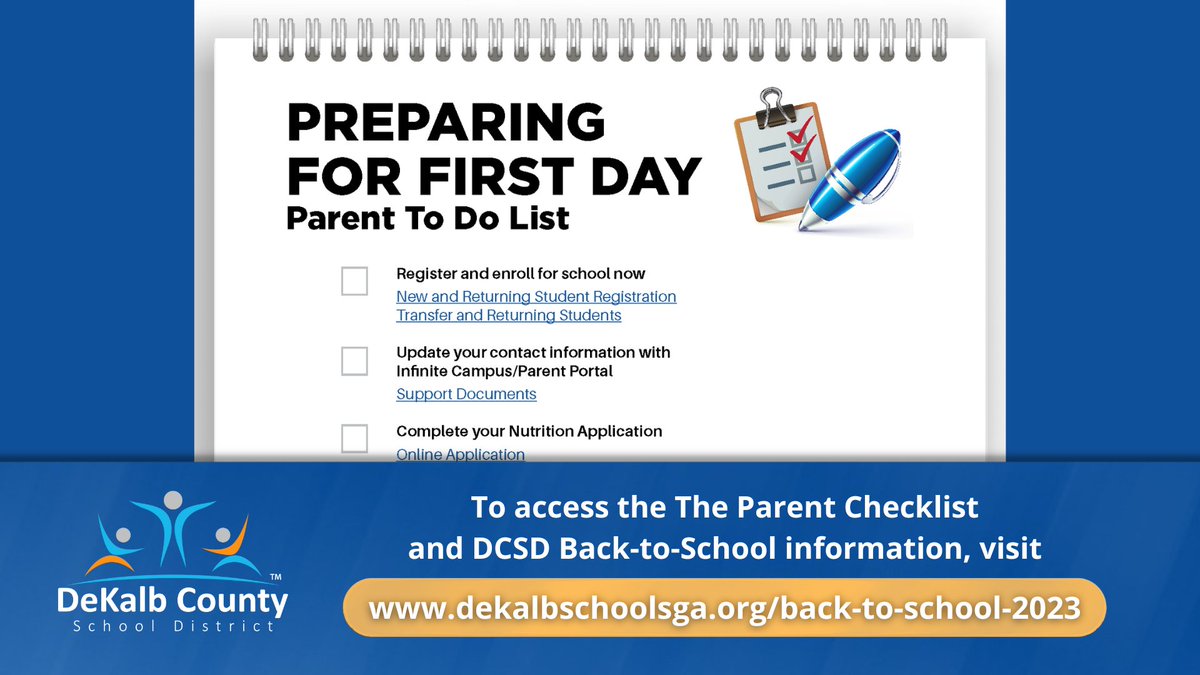 DeKalbSchools's tweet photo. #DCSD Families, ready for the new school year? It all starts Aug 7! Visit our Back-to-School page & Parent Checklist for your must-haves: https://t.co/Eisyt5TL0z. Share your preparation for the first day with #iLoveDCSD💙🧡 and #LevelUpDCSD⬆️. Here's to a Fantastic 2023-2024! 🎉 https://t.co/9LN8lH6zvX
