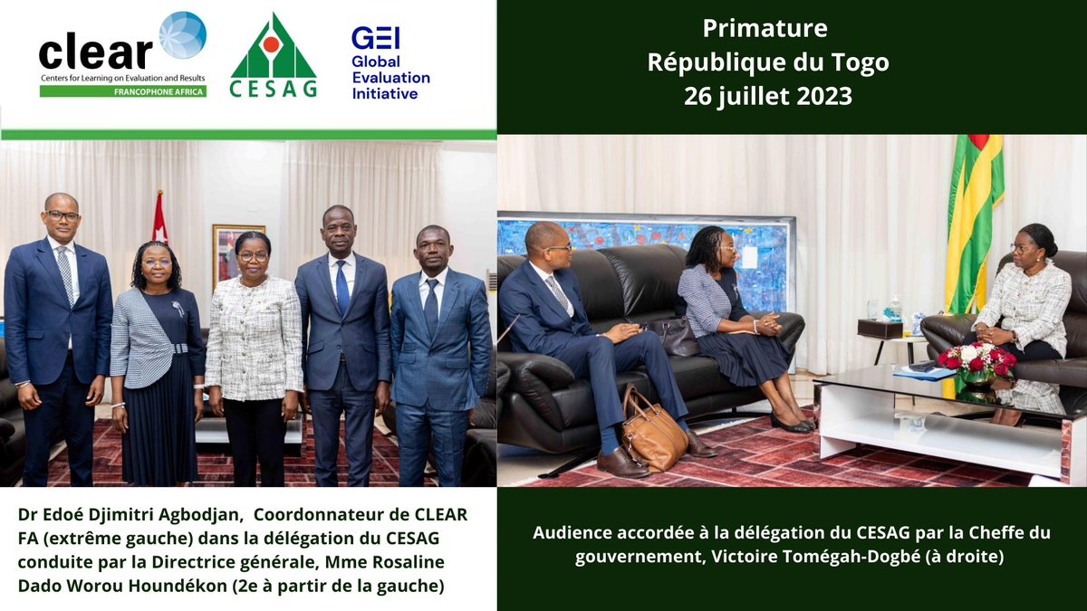 ClearFA_CESAG's tweet photo. @ClearFA_CESAG se prépare à apporter son appui technique au projet d'institutionnalisation de la politique d’évaluation du Togo👉Echanges fructueux entre Mme le 1er ministre & le DG du #CESAG,Mme #RosalineDadoWorouHoundékon, accompagnée par le Coordonnateur de #ClearFA @ClearEdoe https://t.co/x4jY71GUj2