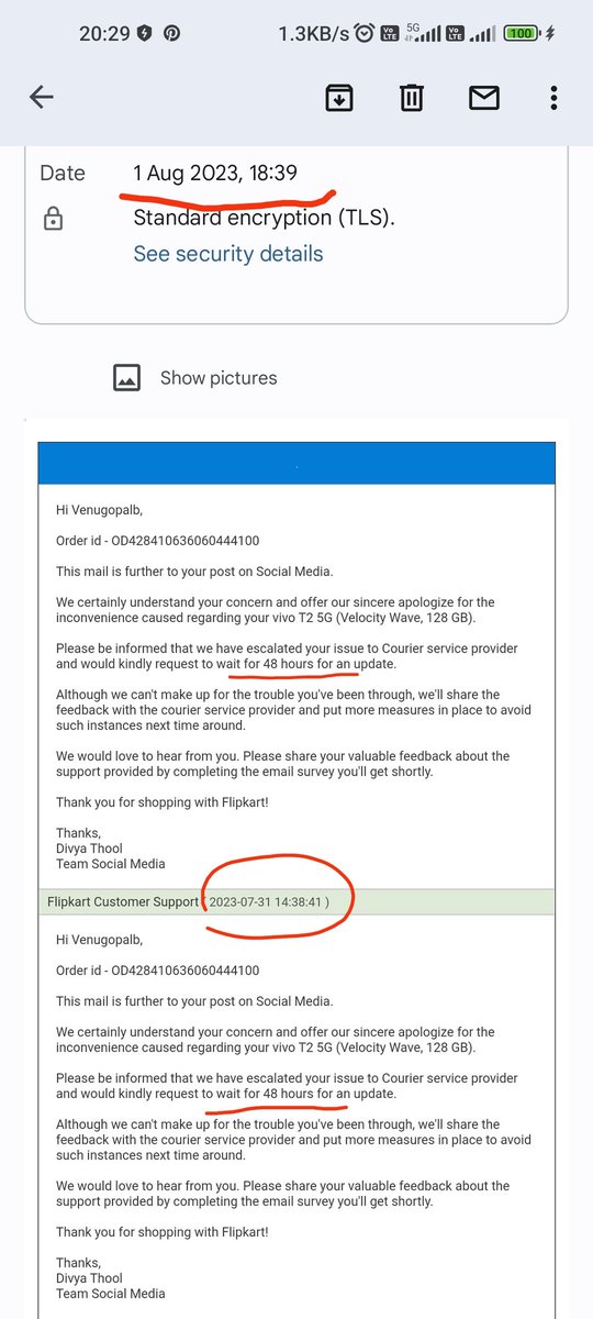 venugopalb1988's tweet photo. @Flipkart @flipkartsupport @BandBajaateRaho @amazonIN @Meesho_Official @myntra Another mind blowing update received from Flipkart..On 31 st they asked for 48 hours..still 48 hours not completed but again on 01st August asking for another 48 hours time for resolution
#flipkartscam https://t.co/t5yLxdX7GE