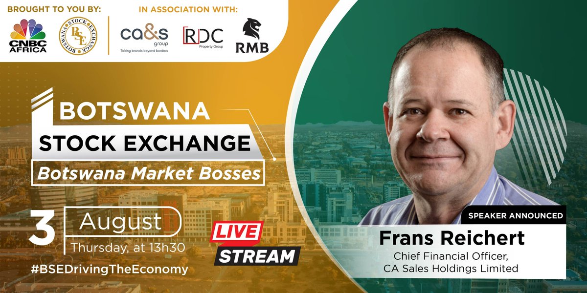 cnbcafrica's tweet image. Join Frans Reichert, CFO, @CASGroup2, alongside leading voices in the real estate and financial sectors, as they explore Botswana’s growing economy and reveal how the success is credited to its rising retail, real estate and financial sector.​ Tune in on Thursday, 3 August, at…