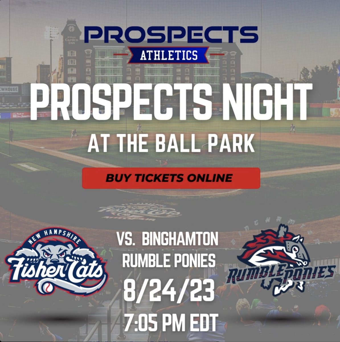 Don't miss ProspectsNight on Aug 24th! Join us for a night at the ball park! Watch Fisher Cats vs. Binghamton, enjoy fireworks &amp; support a great cause! Tickets just $12.00 each, $4.00 goes to Prospects Scholarship Fund. 
🎟️: fevogm.com/event/Prospect…