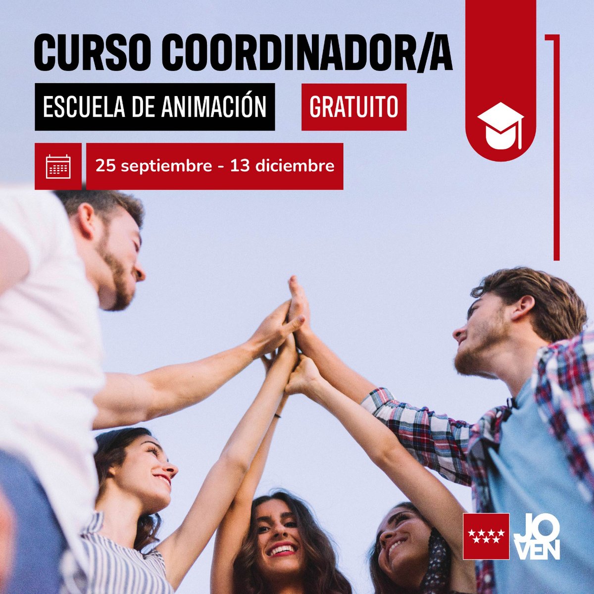 🎓 #Curso gratuito de la #EscuelaDeAnimación ➡️ Coordinador/a de Tiempo Libre

📍 Madrid
🗓️ 25 septiembre - 13 diciembre
⏰ L-J de 17 a 21h | 2 salidas de fin de semana
📝 Inscripciones abiertas hasta agotar plazas

🔗 bit.ly/43DwmnX

#Juventud <a href="/ComunidadMadrid/">Comunidad de Madrid</a>