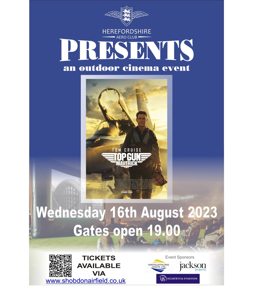 Welcome to our 1st outdoor cinema event at Shobdon Airfield. We'll be screening Top Gun: Maverick on a giant screen.

Join us Wednesday 16th August from 19.00 don't forget to bring your blankets!

Food &amp; drink vendors will be available before the film starts at 20.30.