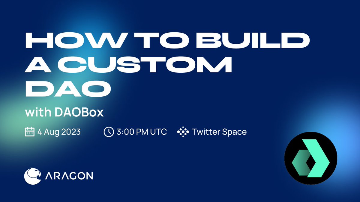 AragonProject's tweet photo. What does it take to build a custom DAO?

Learn from the experts this Friday as we chat about custom DAOs and Aragon plugins with @daobox_app 🏗️🛠️

🔗 Link 3: https://t.co/1984aGmu6K
