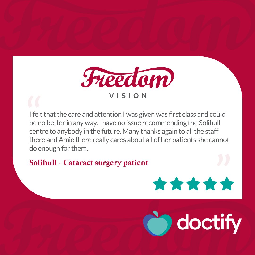 FreedomVisionUK's tweet photo. A Freedom Vision patient who attended our Solihull clinic awarded us a five-star rating across every category and said the service we provided couldn’t have been any better. Reviews like this always make our day. https://t.co/HfetUFr5wH