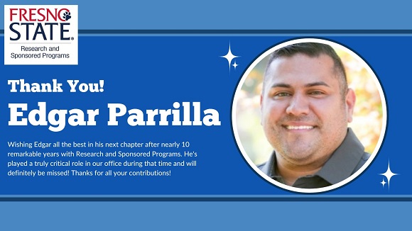 A very fond farewell to <a href="/parrillaeu/">Edgar Parrilla, Ed.D.</a> as he heads to
@ClovisCCC to follow his passion for teaching. So excited for his next chapter and grateful for all of his efforts <a href="/Fresno_State/">Fresno State</a> RSP over the past decade! #FresnoState #thankyou #grants