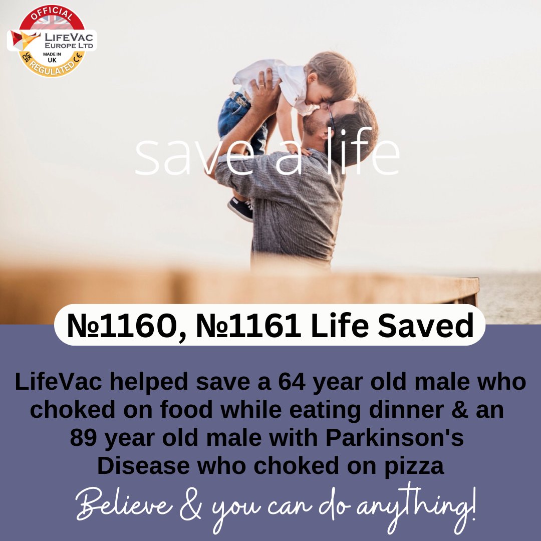LifeVacEurope's tweet photo. LifeVac Europe announces our 1,160th and 1,161st lives saved.
We helped save the life of a 64-year-old man and an 89-year-old man in a choking emergency. We are making a difference!
#LifeVac #rescuedevice #savealife #lifevacsaveslives #bechokeaware #chokingprevention https://t.co/ielyAqodEH