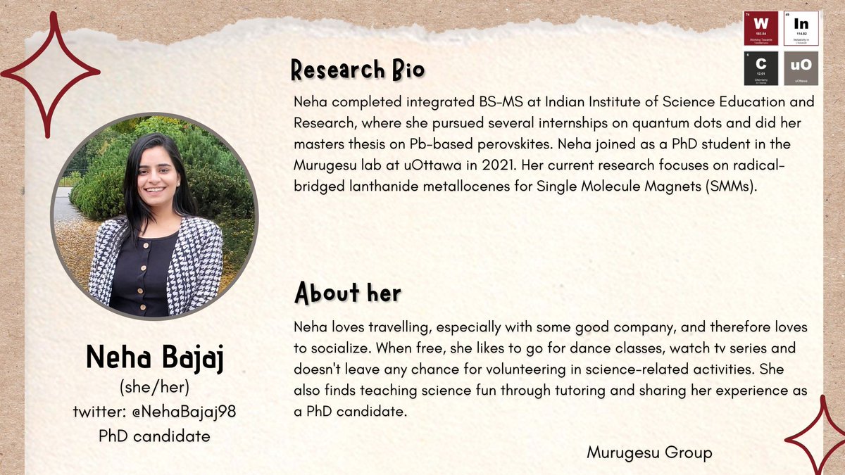 Our August 2023 #InspiringPerson is @NehaBajaj98 ! Neha is a PhD candidate in the Murugesu group! Check out her attached profile!