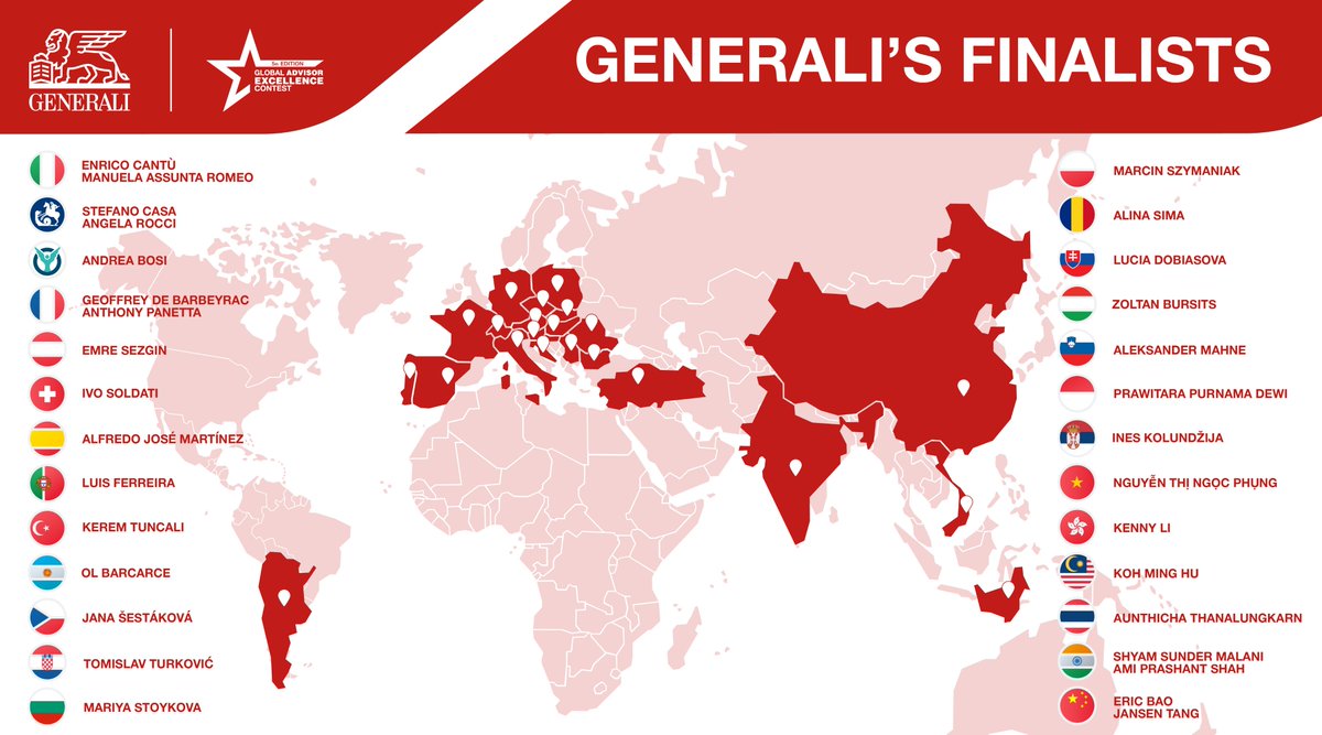 GENERALI's tweet photo. The Generali Agent Excellence Contest is getting hot! Here are the 30 finalist agents who have distinguished themselves worldwide for their innovative spirit and dedication to customers. They are true lifetime partners!
Who will be Generali’s Top 10 Advisors?
#Generali4Excellence https://t.co/h6seddcwTh