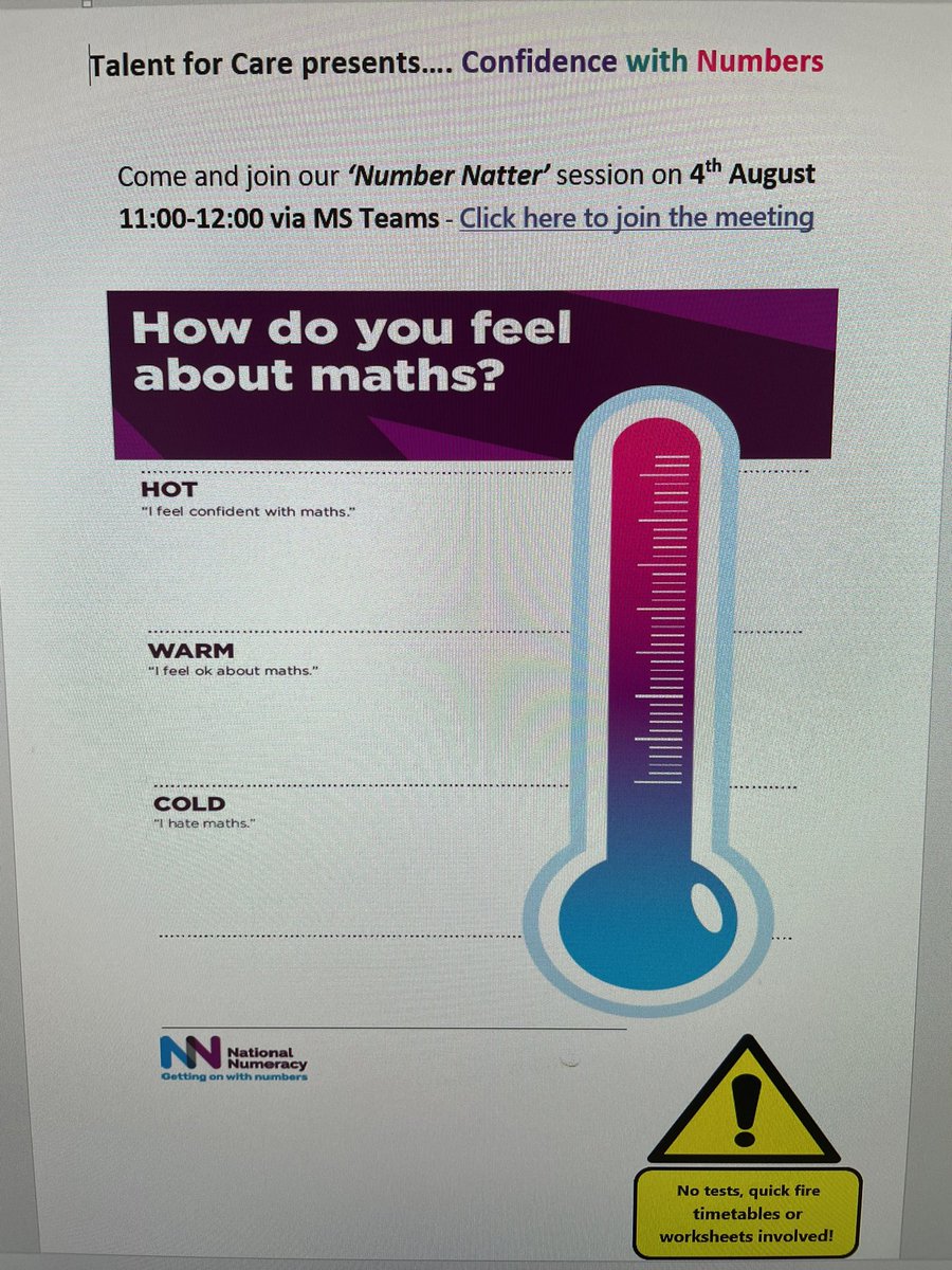 Do come along for a natter about numbers ! Promise no maths involved ! Keep an eye out on Comms for the link or email. Bht.skills@nhs.net