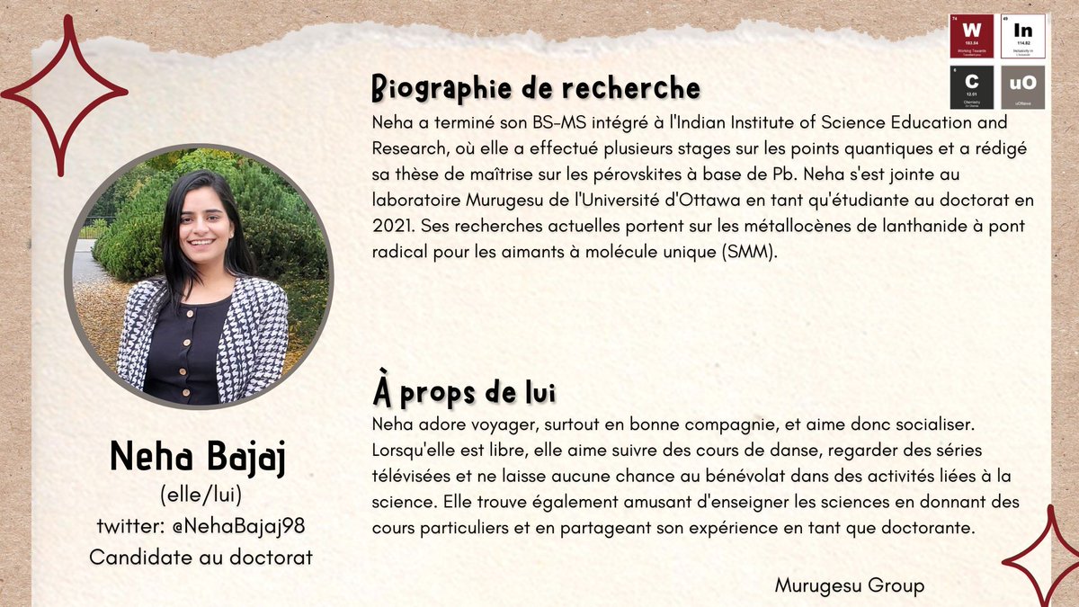 Notre #InspiringPerson d’août 2023 est @NehaBajaj98 ! Neha est candidate au doctorat dans le groupe Murugesu ! Consultez leur profil ci-joint !