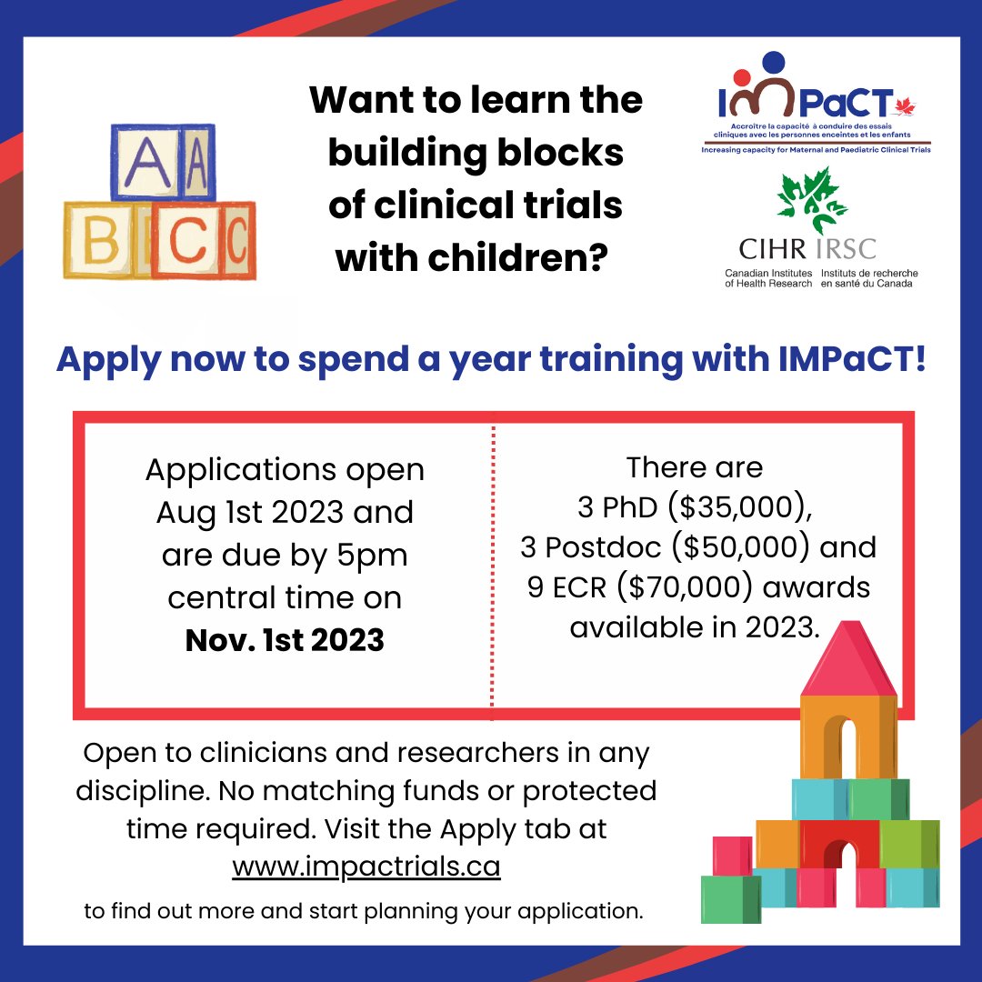 IMPaCT salary award applications are live today!

Want to learn how to design, operate &amp; communicate about clinical trials with children and pregnant people? Visit our new website impactrials.ca to start your application today.

Applications close at 5pm CT Nov. 1 2023.