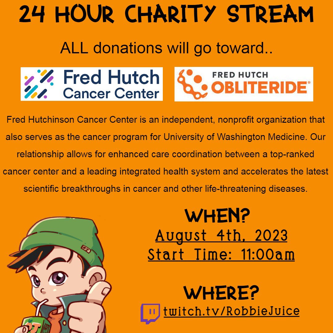 Good Morning Everyone!! I'm announcing another 24 hour charity stream!

This time its for #FHCC or Fred Hutch Cancer Center. We're participating in the 5k Walk but also raising money for Cancer research!