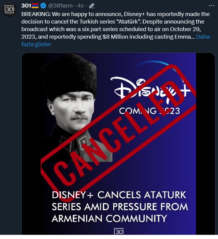 Ermeni lobisinin baskılarıyla platformda Atatürk dizisini yayınlamaktan vazgeçen Disney+’a karşı toplumsal tepkinizi koyun. 

Atatürk’e saygısı olmayanın bu ülkeye de saygısı olmaz. #Disneyiptalet
