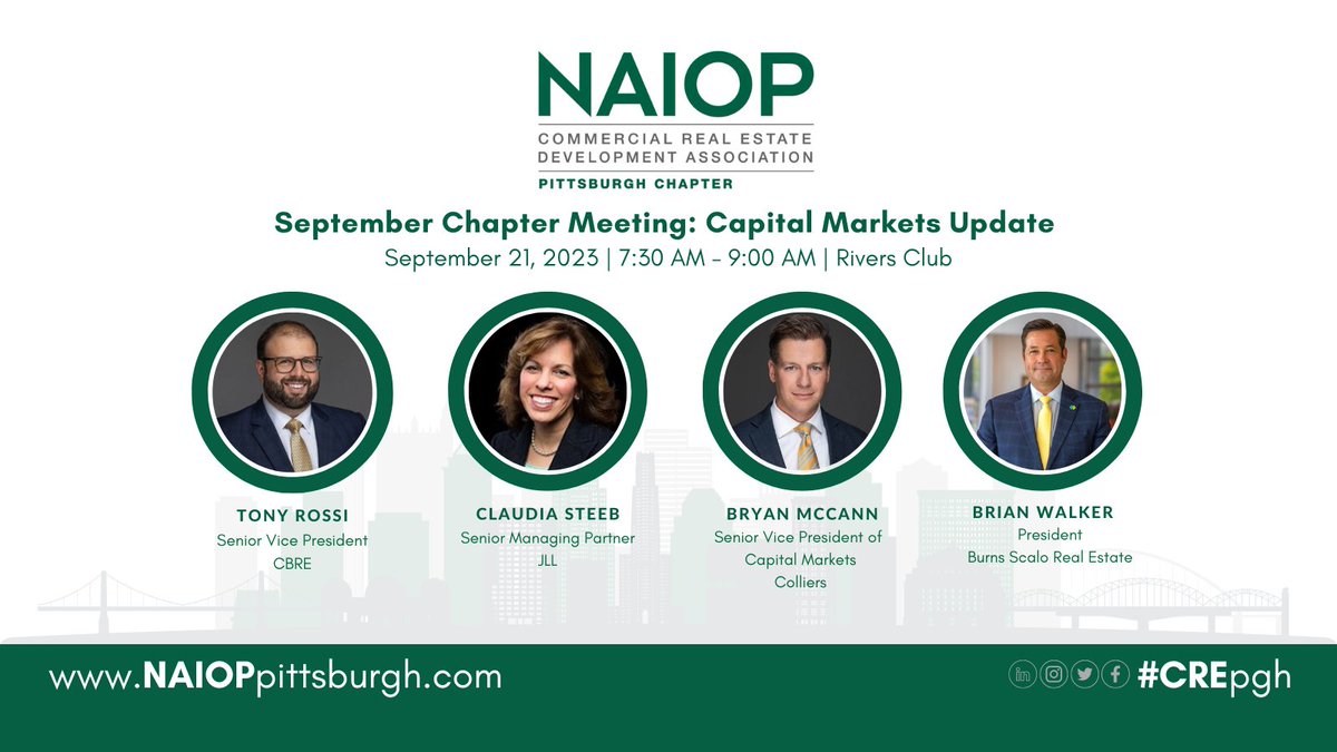 NAIOPPittsburgh's tweet photo. Join us as we kick off the Fall Chapter Meeting lineup with a Capital Markets Update featuring: Tony Rossi (@cbrecapitalmkts) Claudia Steeb (@jll) Bryan McCann (@Colliers_PIT) & Brian Walker (@burnsscalore).
Register before it's sold out https://t.co/3iHcL2TzVA #CREpgh https://t.co/WVVu8IvxCu