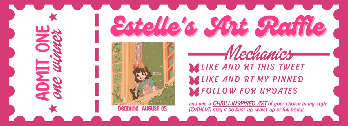 artsofbell's tweet photo. GRAB YOUR TICKETS EVERYONE!🎟️

ESTELLE'S ART RAFFLE🌷
Ends on August 05

ONE WINNER

Mechanics:
🌸 Like &amp; RT this tweet
🌸 Like &amp; RT my pinned
🌸 Follow for updates

Prize:  Ghibli-inspired art of your choice in my style (Dahlia) with semi-detailed bg 🩷 

11:11
pls don't flop 🥹 https://t.co/OvRVRm5GmN
