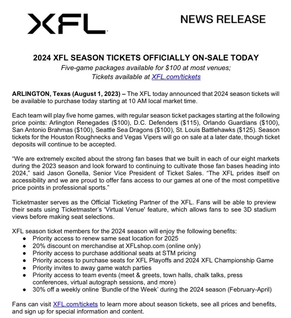 the_markcast's tweet photo. As previously reported by @ByMikeMitchell and covered on our show, @XFL2023 today announced that 2024 season tickets will be available to purchase today starting at 10 AM local market time. 🫡

#XFL
#XFL2023
#XFL2024 https://t.co/XtxCOPW3j5