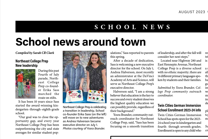 NECollegePrep's tweet photo. Northeast College Prep is in the news  @parkbugle 
It's nice to see a leadership transition celebrated with frosted cake. Best wishes to Erika Sass and to Andrea Halverson. https://t.co/yqLmoWDFCl