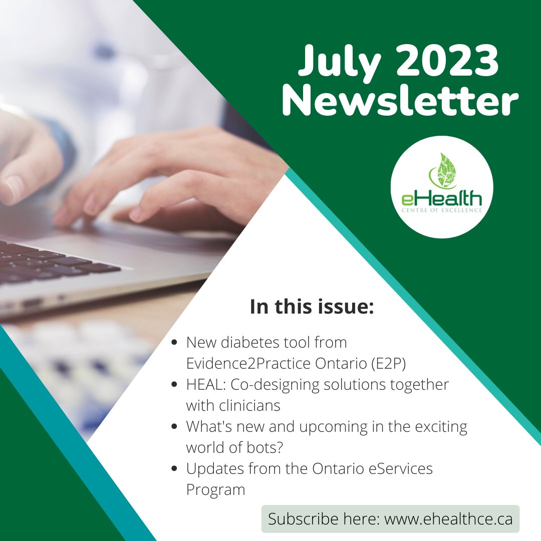 eHealthCE's tweet photo. In our latest newsletter, learn about the new EMR-integrated diabetes tool from #E2POntario, find out how HEAL is helping us co-design solutions with clinicians, and get exciting updates from eCE Automates (more bots!) and the #eServicesProgramOntario: https://t.co/MwBmDg2zZI https://t.co/ojFLTRIJl7