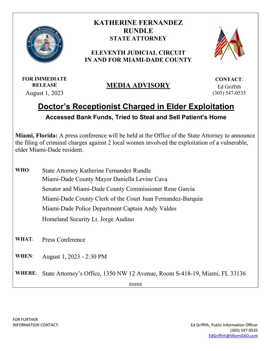 HAPPENING TODAY: Press Conference in my office with @MayorDaniella @SenReneGarcia @MiamiDadePD @MiamiDadeCourts Clerk of Court at 2:30 PM to announce the filing of criminal charges against 2 local women involved the exploitation of a vulnerable, elder @MiamiDadeCounty resident.