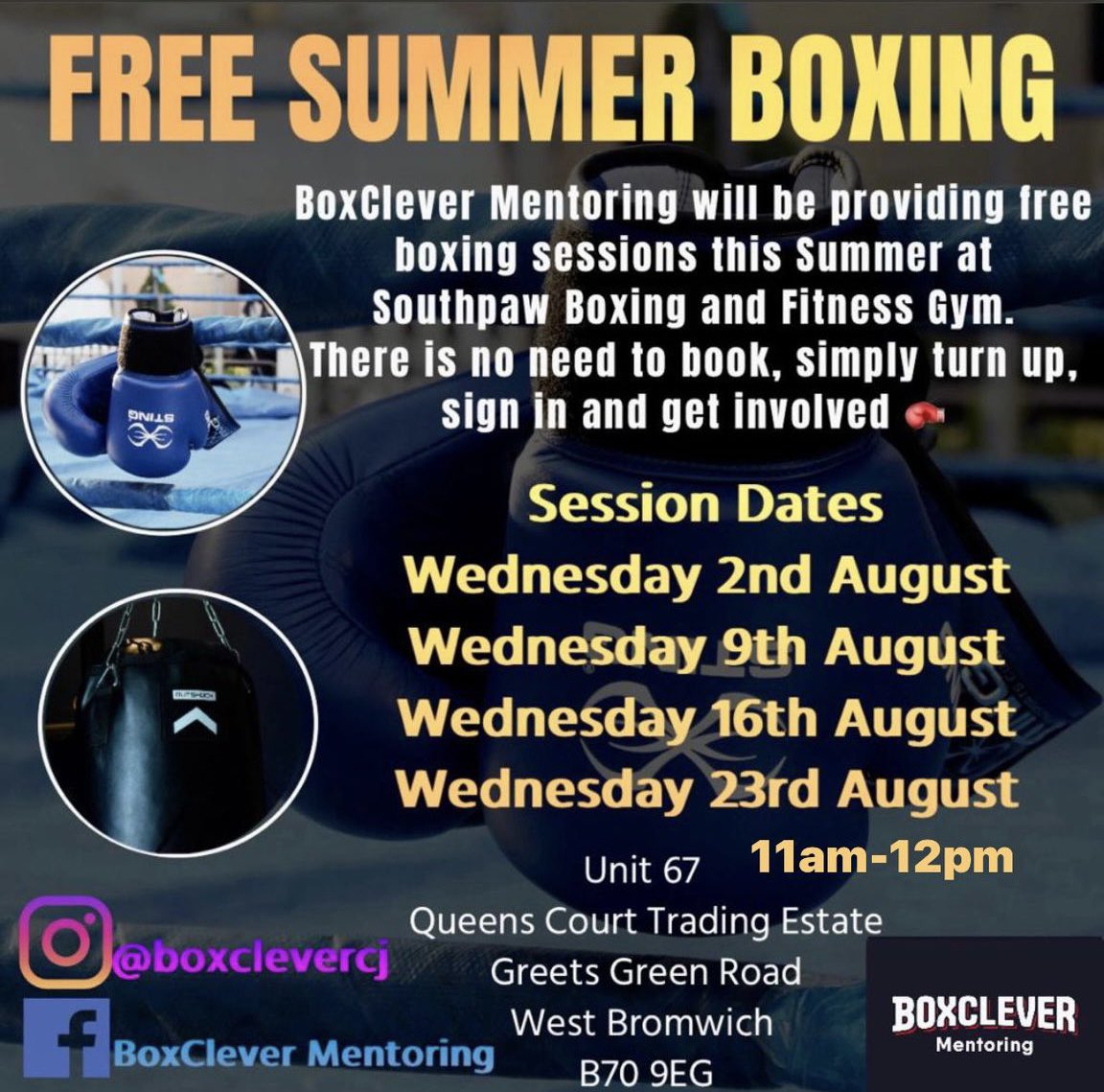 BoxCleverCJ's tweet photo. First FREE boxing session of the Summer tomorrow 🥊
#freeboxing #SummerHolidays #sport #Wellbeing #BoxCleverMentoring https://t.co/uriBfoFkMc