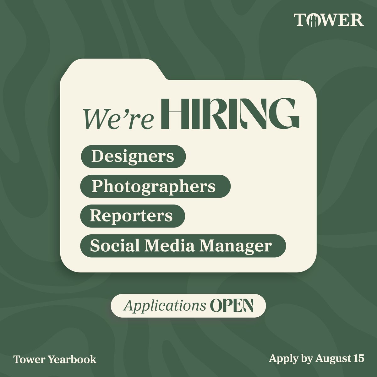 toweryearbk's tweet photo. Applications are OPEN through August 15! No matter your major, grade level, or experience, we have a spot just for you! Be a part of a fun, award-winning, inspirational and talented staff! Position details on site, follow the link in our bio.
#thisisnorthwest #oabaab https://t.co/TBpbleXFXE