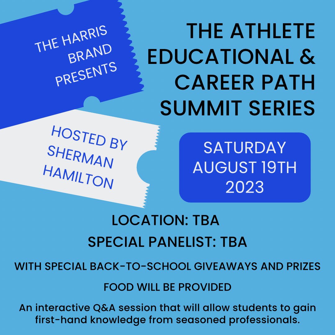 Save the date!! On Saturday, August 19th, 2023, THB will be presenting our Athlete Educational and Career Path Summit Series hosted by Sherman Hamilton!

Stay tuned for announcements on the venue, our special panelist, and how you can sign up!