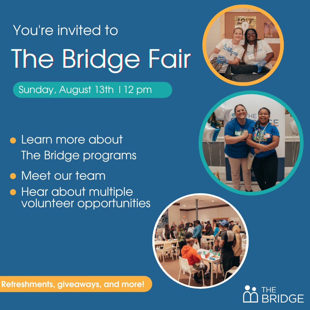 954church's tweet photo. Our teen outreach ministry, The Bridge, is hosting an event for the entire family! Join us at The Bridge Fair for an opportunity to learn more about their programs. 

The Bridge Fair Sunday, August 13th | 12pm | Fellowship Hall. https://t.co/UxTiF95XRK